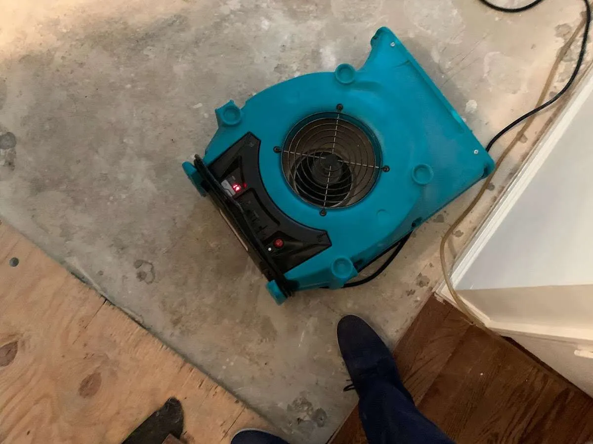 Air mover drying subfloor during Commercial Water Damage Restoration in Florida Gulf Coast University